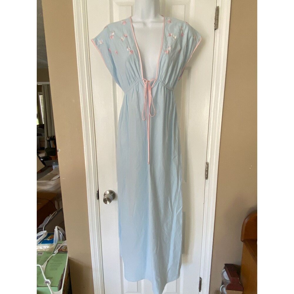 Natori Saks Fifth Avenue Embroidered Flowers Long Flannel Pajama dress Size P